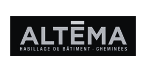 Logo de l'entreprise Altéma, avec le texte "Altéma" en gris sur fond noir, accompagné de la mention "Habillage du bâtiment - Cheminées".