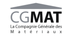 Logo de CGMAT, La Compagnie Générale des Matériaux, avec les initiales "CGMAT" surmontées d'un toit stylisé et le texte complet en dessous.