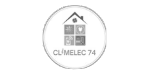 Logo de Climelec 74, avec une maison stylisée et des icônes représentant la climatisation, l'électricité, et la domotique.